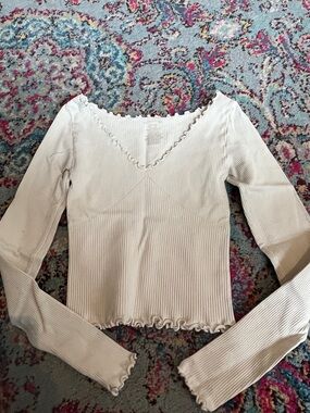 Free People Cream Ribbed Long Sleeve V-Neck Lettuce Edge Tee